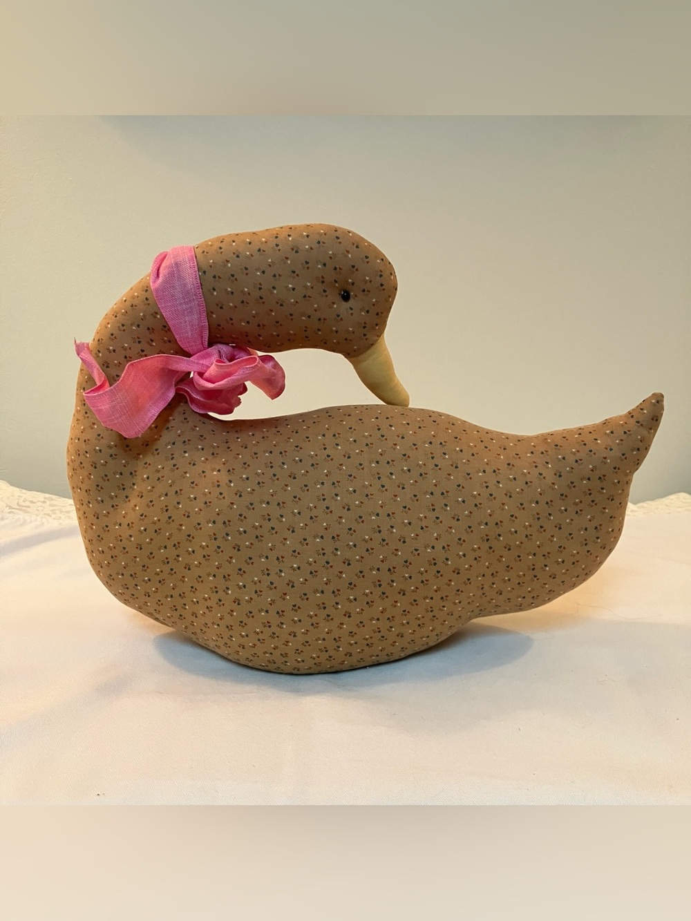 VTG Stuffed Goose Duck Tan Calico Fabric Door Stop Cottagecore Primitive Folk